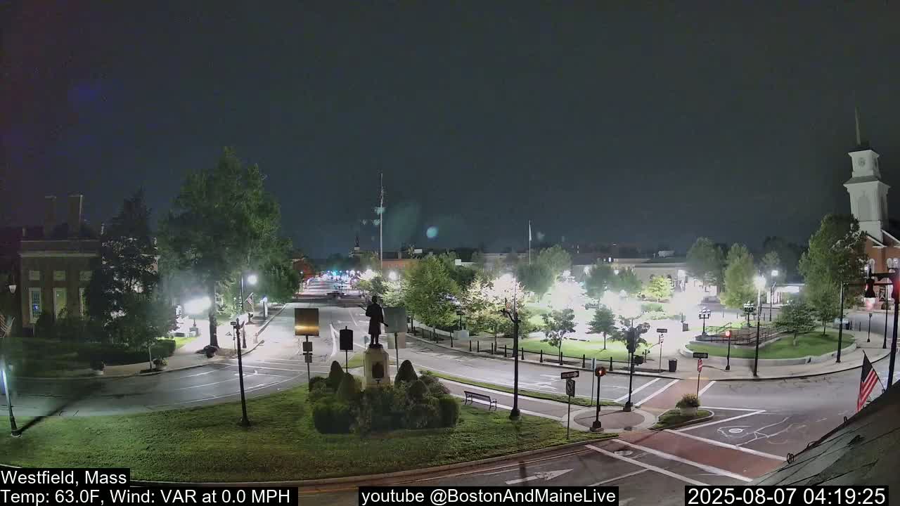A nighttime view of a town square with a statue in the center, surrounded by roads, buildings, and trees under a dark, clear sky.