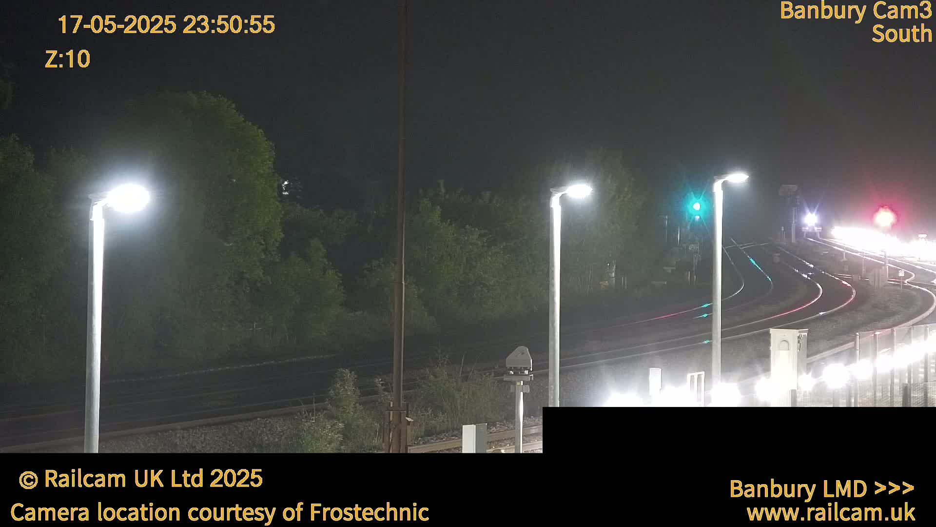 A nighttime view of railroad tracks illuminated by streetlights, with vegetation and some distant lights visible.