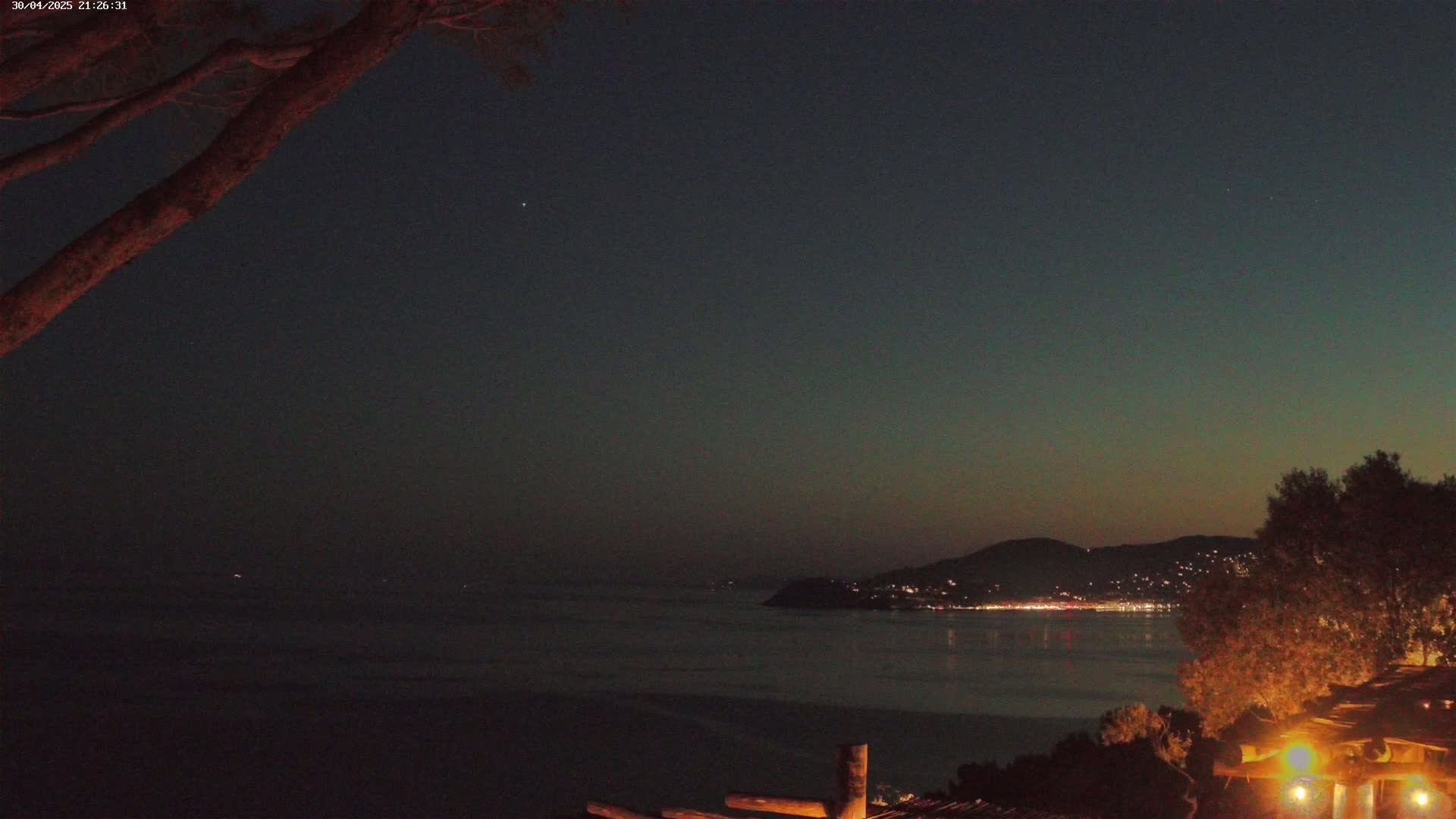 A nighttime coastal scene shows a dark sea reflecting lights from a distant town on a hillside under a mostly clear, dark sky, partially obscured by tree branches in the foreground.