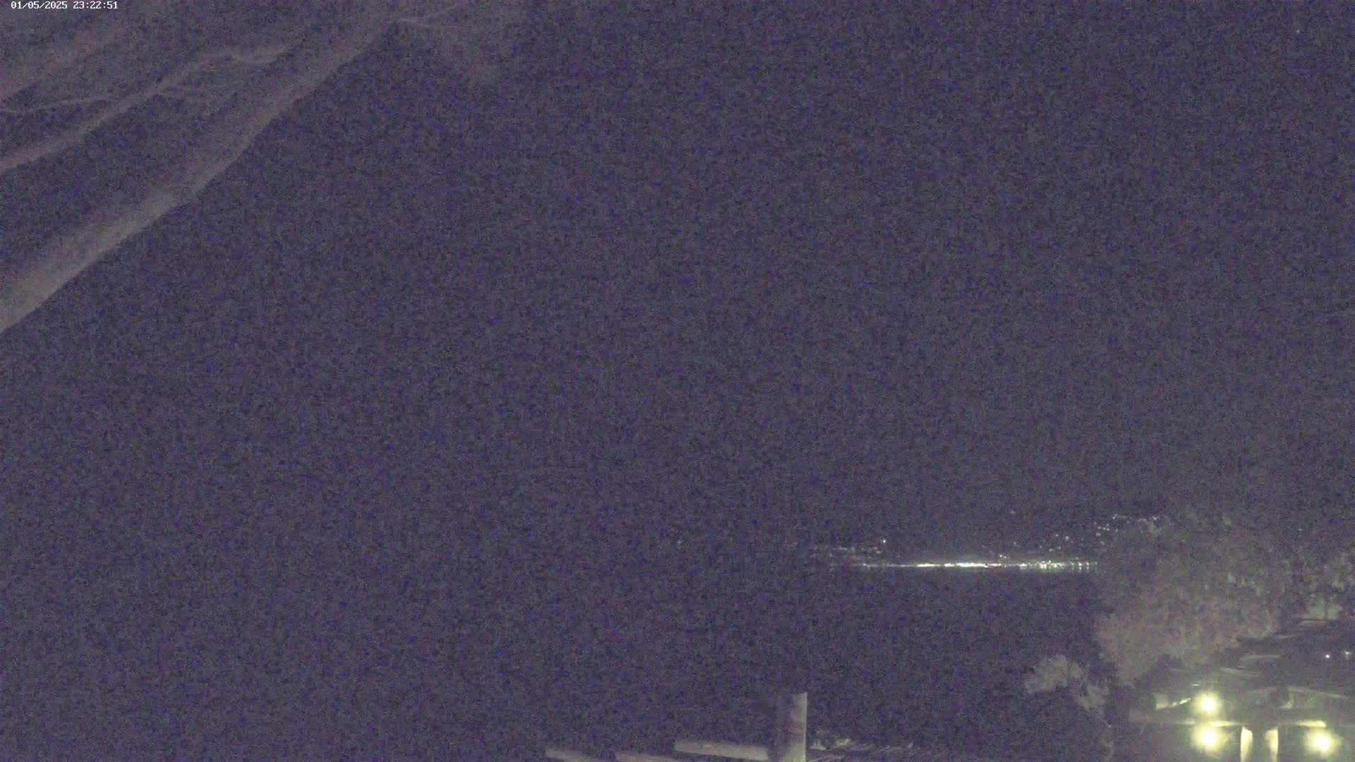 A nighttime, long shot shows a dark body of water with faint lights on the horizon, a dark tree branch in the upper left corner, and some dimly lit structures in the lower right corner.