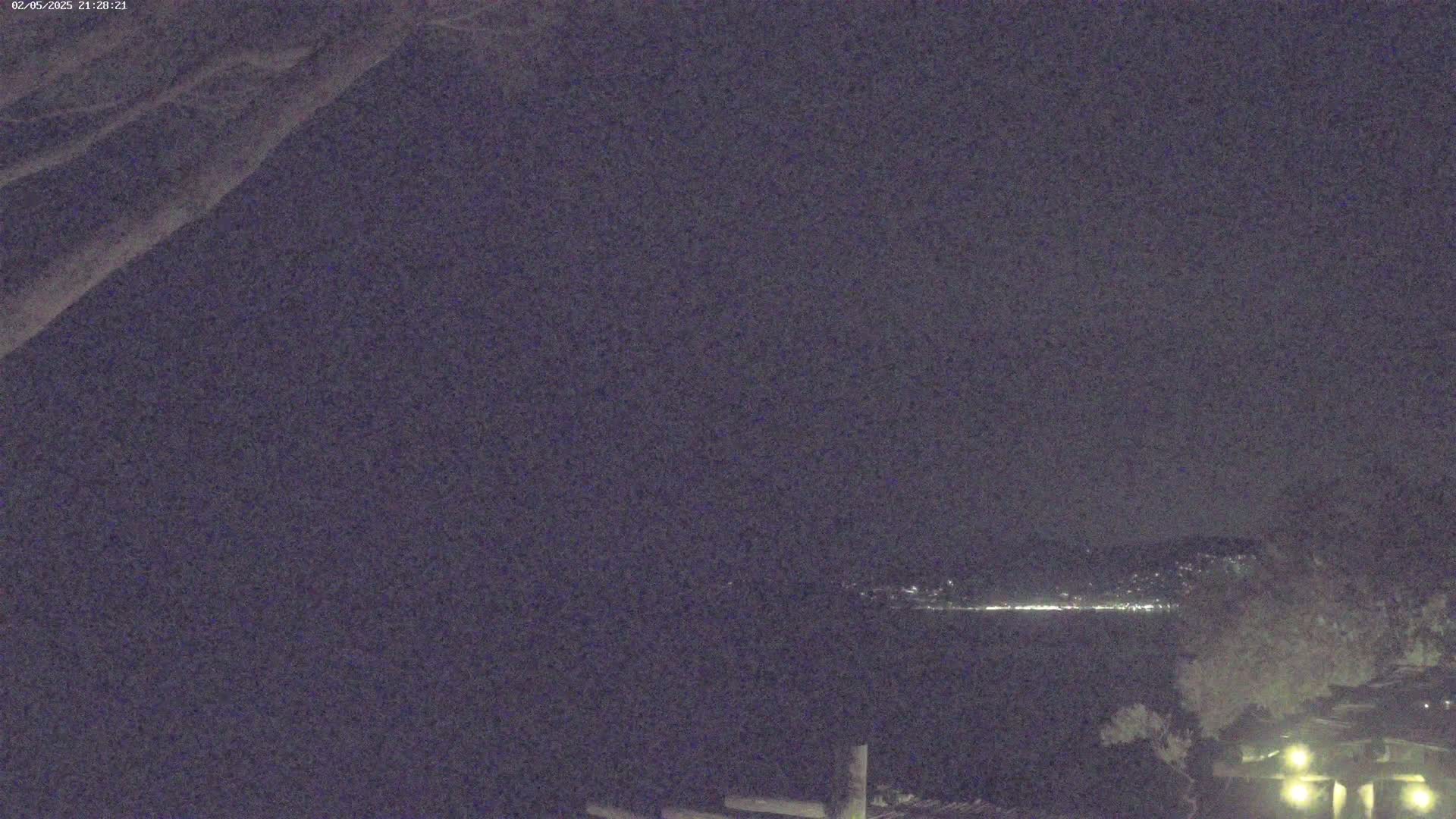 A nighttime long shot shows a dark body of water with a distant line of lights on the far shore, under a clear, dark sky, partially obscured by tree branches in the foreground.