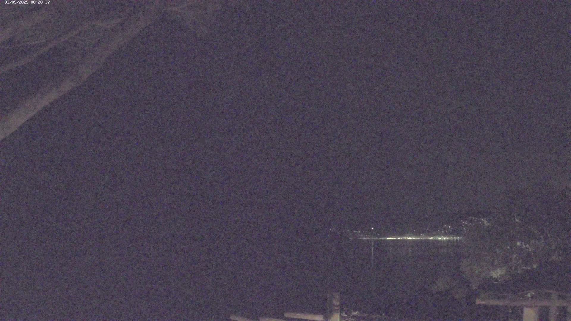 A nighttime, low-light image shows a dark body of water with distant lights on the other side, partially obscured by tree branches in the foreground.