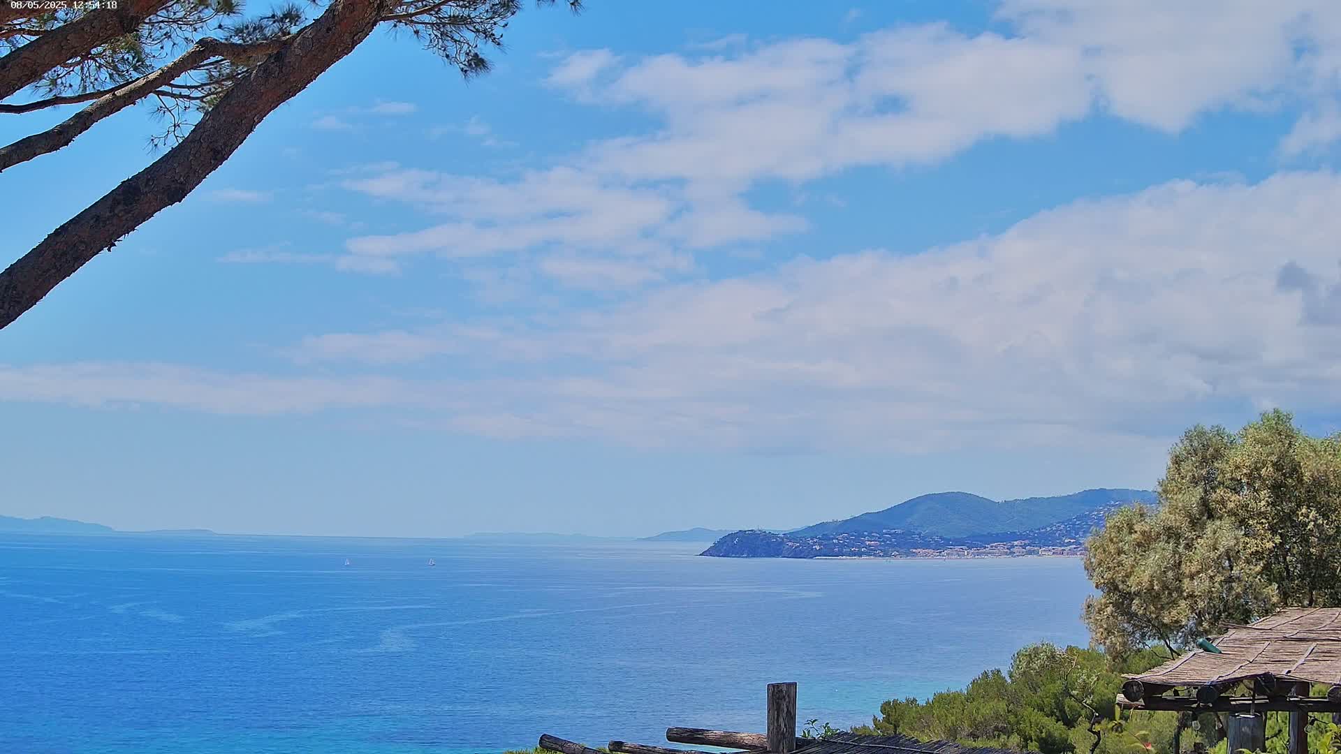 A tranquil ocean scene under a partly cloudy sky shows a distant coastline with mountains, viewed from a vantage point partially obscured by tree branches and a wooden structure.