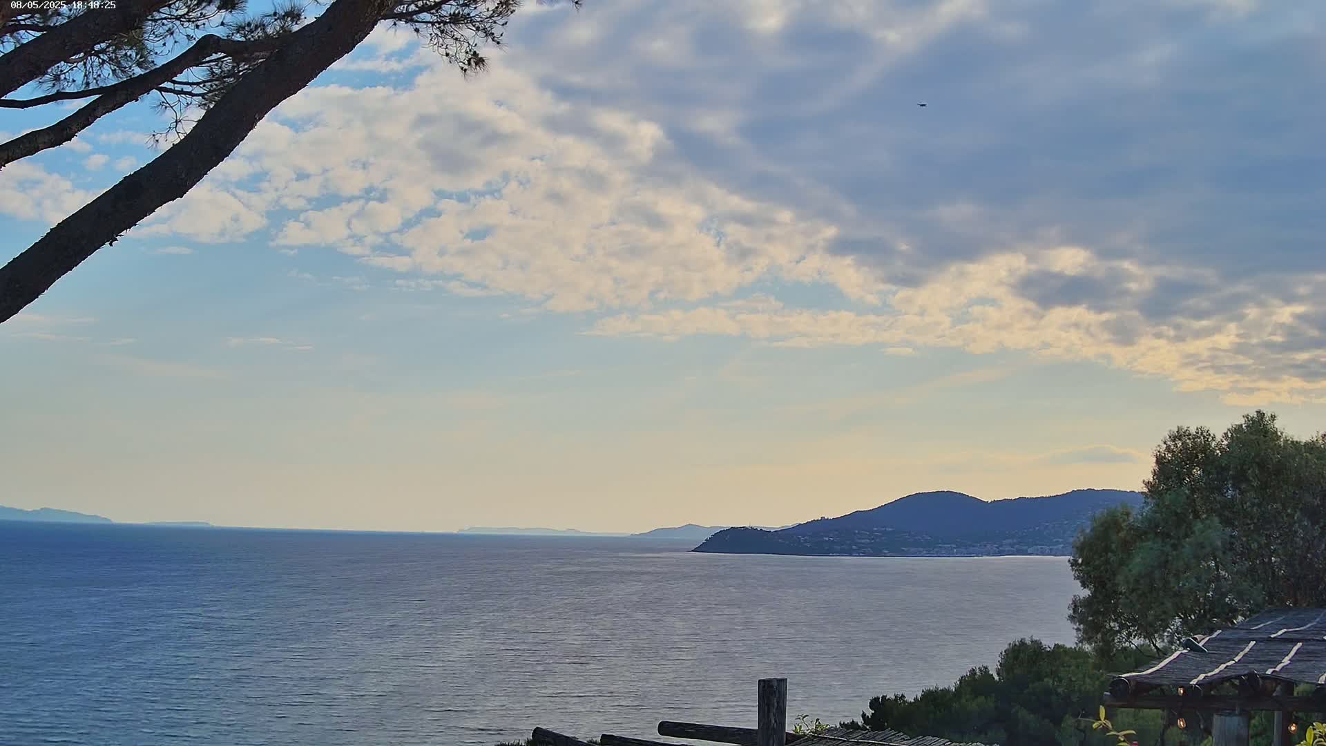 A partly cloudy sky overlooks a calm ocean, with distant mountains and a tree branch partially obscuring the foreground.