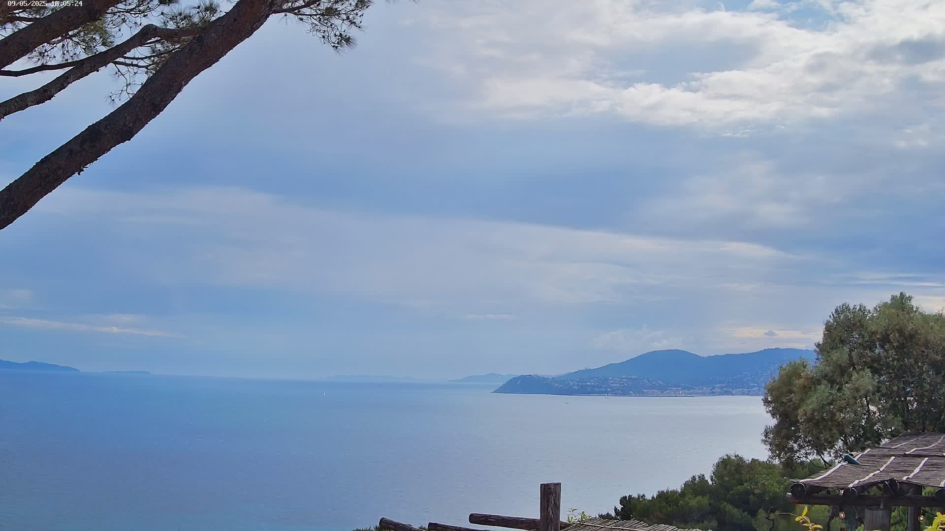 A partly cloudy sky overlooks a calm blue sea and distant mountains, partially obscured by tree branches in the foreground.