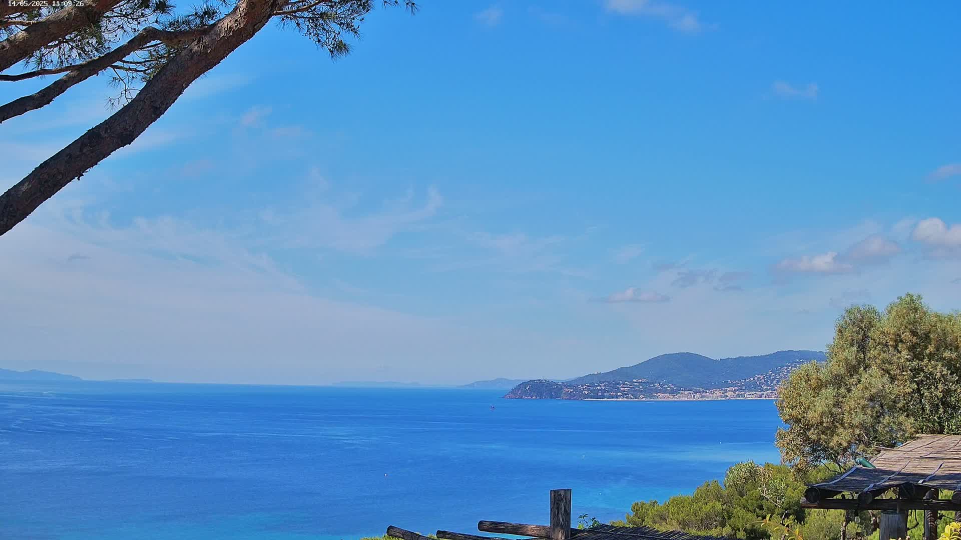 A tranquil seaside vista reveals a calm, blue ocean stretching to a distant mountain range under a mostly clear, bright blue sky, partially obscured by a pine tree branch in the foreground and a wooden structure at the bottom right.
