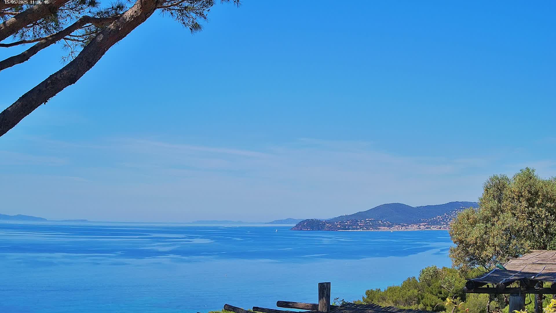 A tranquil ocean view stretches to a distant mountain range under a clear blue sky, partially obscured by a tree branch in the foreground and a wooden structure.