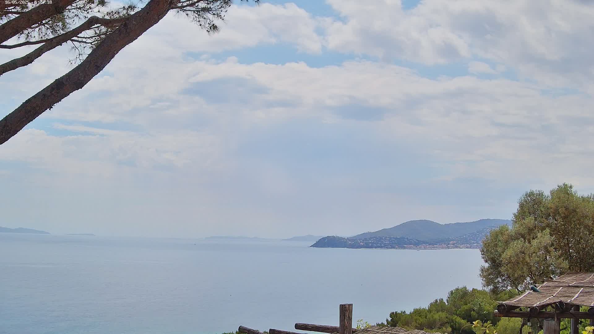 A partly cloudy sky overlooks a calm sea with distant mountains and a tree branch in the foreground.