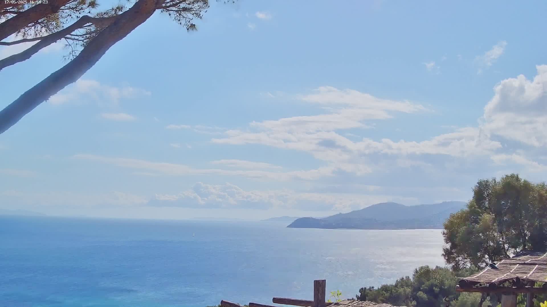 A partly cloudy sky overlooks a calm blue sea with a distant coastline, partially obscured by tree branches in the foreground.