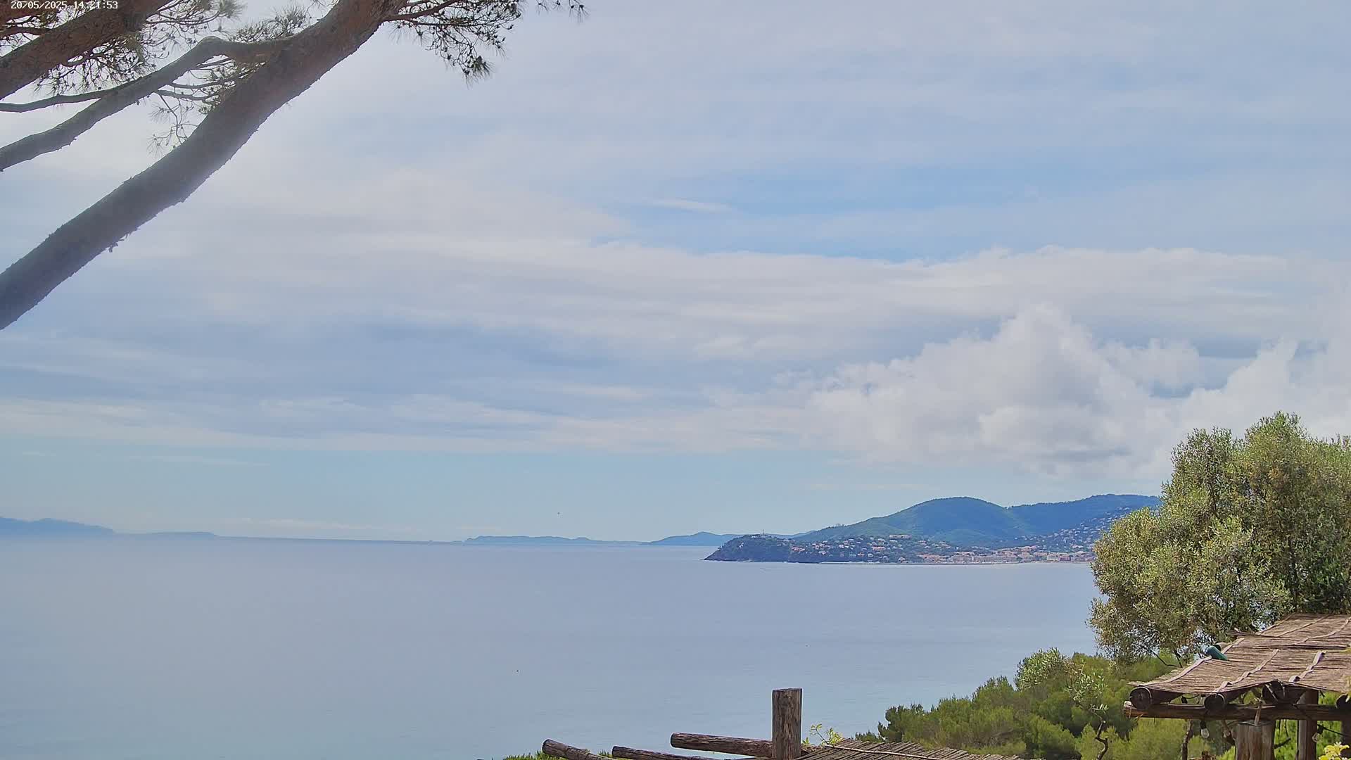 A calm sea with a distant mountain range under a partly cloudy sky is viewed from a high vantage point partially obscured by tree branches and a wooden structure.
