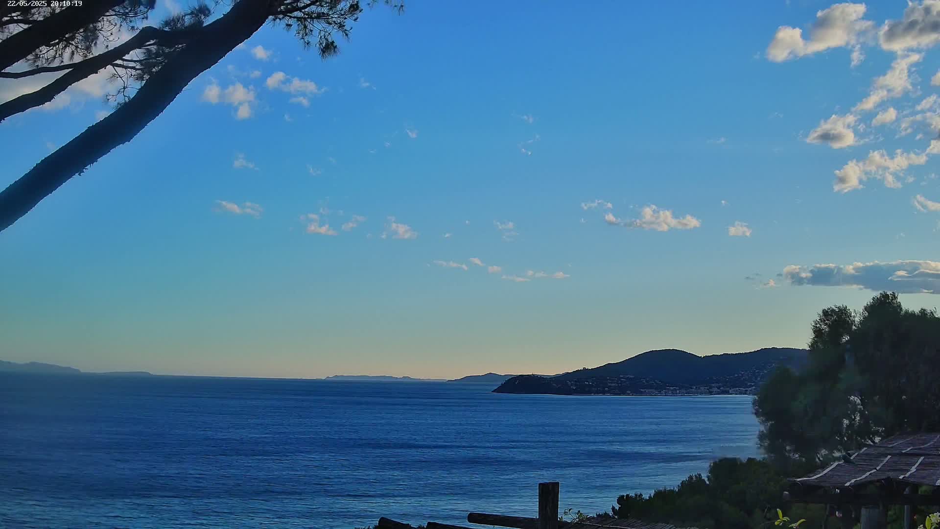 A partly cloudy blue sky overlooks a calm blue sea with distant hills and a portion of a tree branch in the foreground.