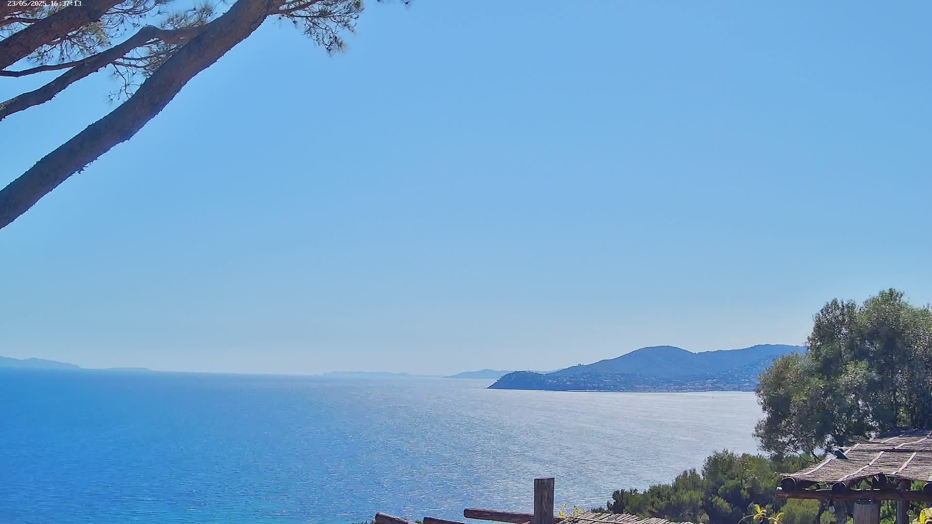 A clear blue sky overlooks a calm, expansive blue sea meeting distant mountains, partially obscured by tree branches in the foreground.