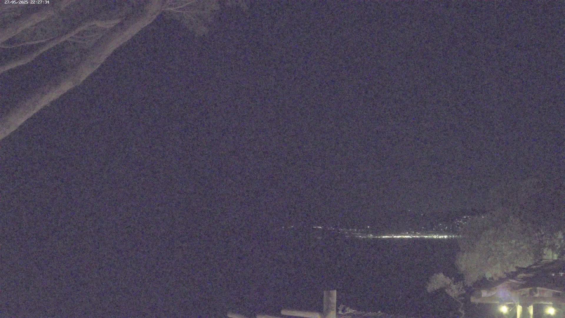 A nighttime, long shot shows a dark body of water with a faint line of lights on the far shore, partially obscured by a tree branch in the foreground.