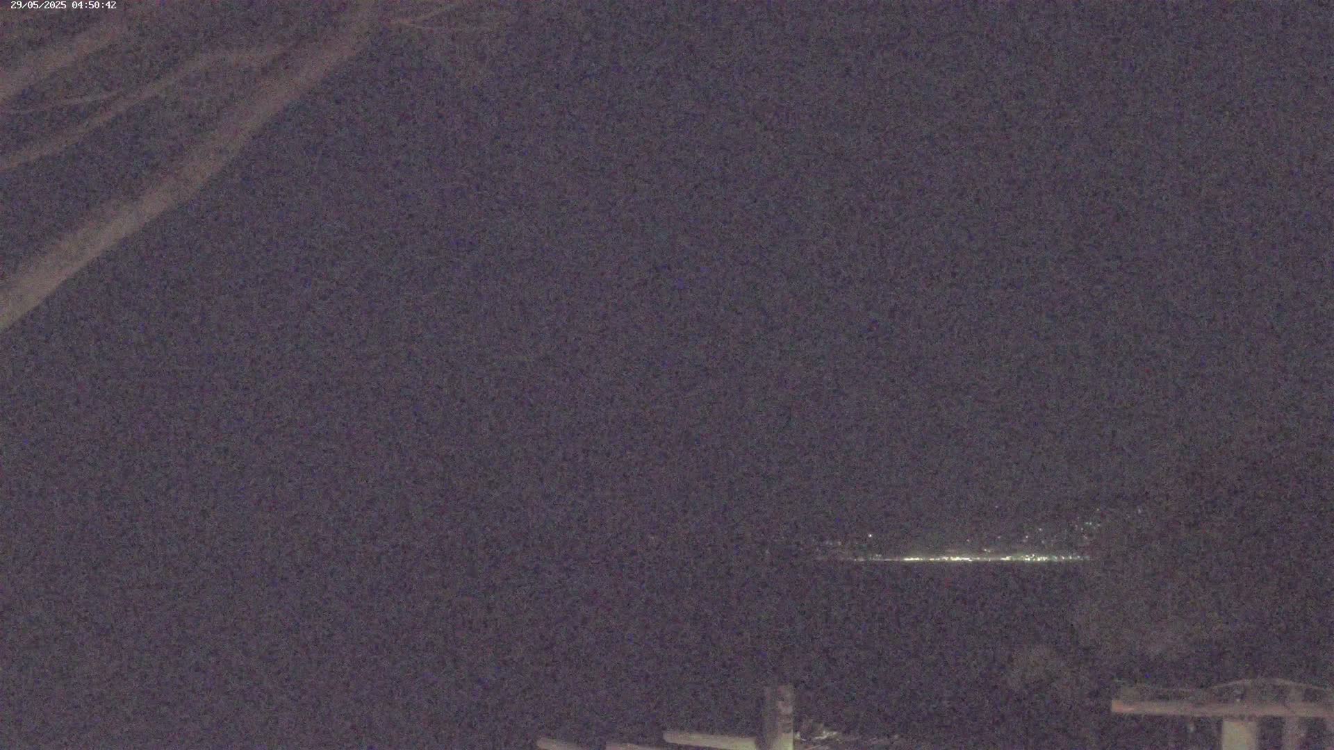 A nighttime long shot shows a distant line of lights across a dark body of water, partially obscured by a tree branch in the foreground.