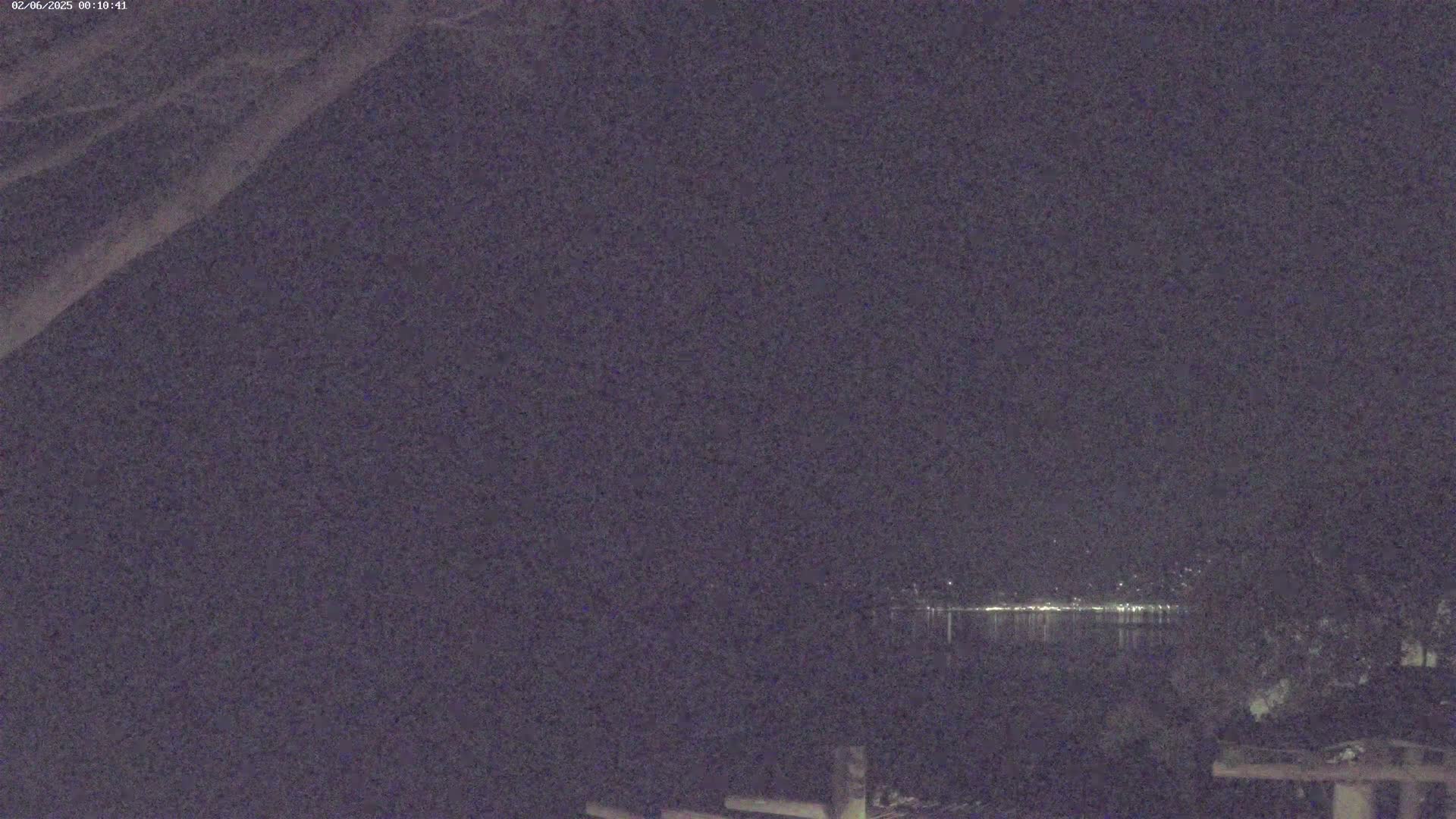 A nighttime, low-light view of a body of water with a distant city skyline reflecting faintly on its surface, partially obscured by tree branches in the foreground.