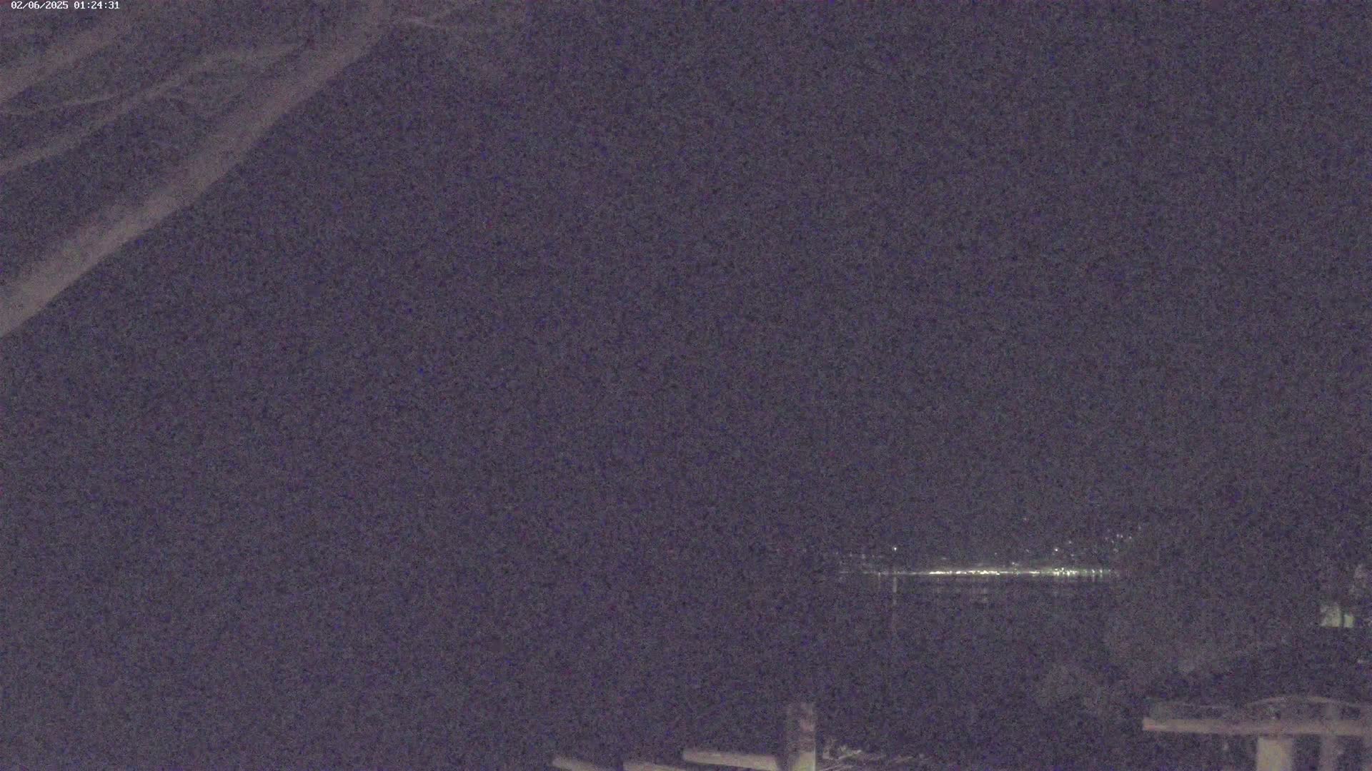 A nighttime, low-light view shows a dark, distant horizon with faint lights, partially obscured by a tree branch in the foreground.