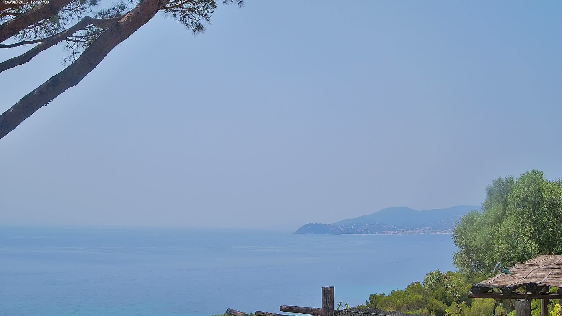 A calm, hazy blue sea stretches to a distant, hazy mountain under a clear sky, partially obscured by a tree and a wooden structure in the foreground.