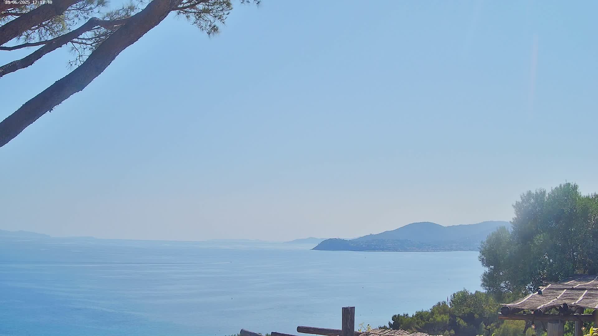 A tranquil seaside view on a clear, sunny day shows a calm expanse of water, distant hills, and the branches of a pine tree in the foreground.