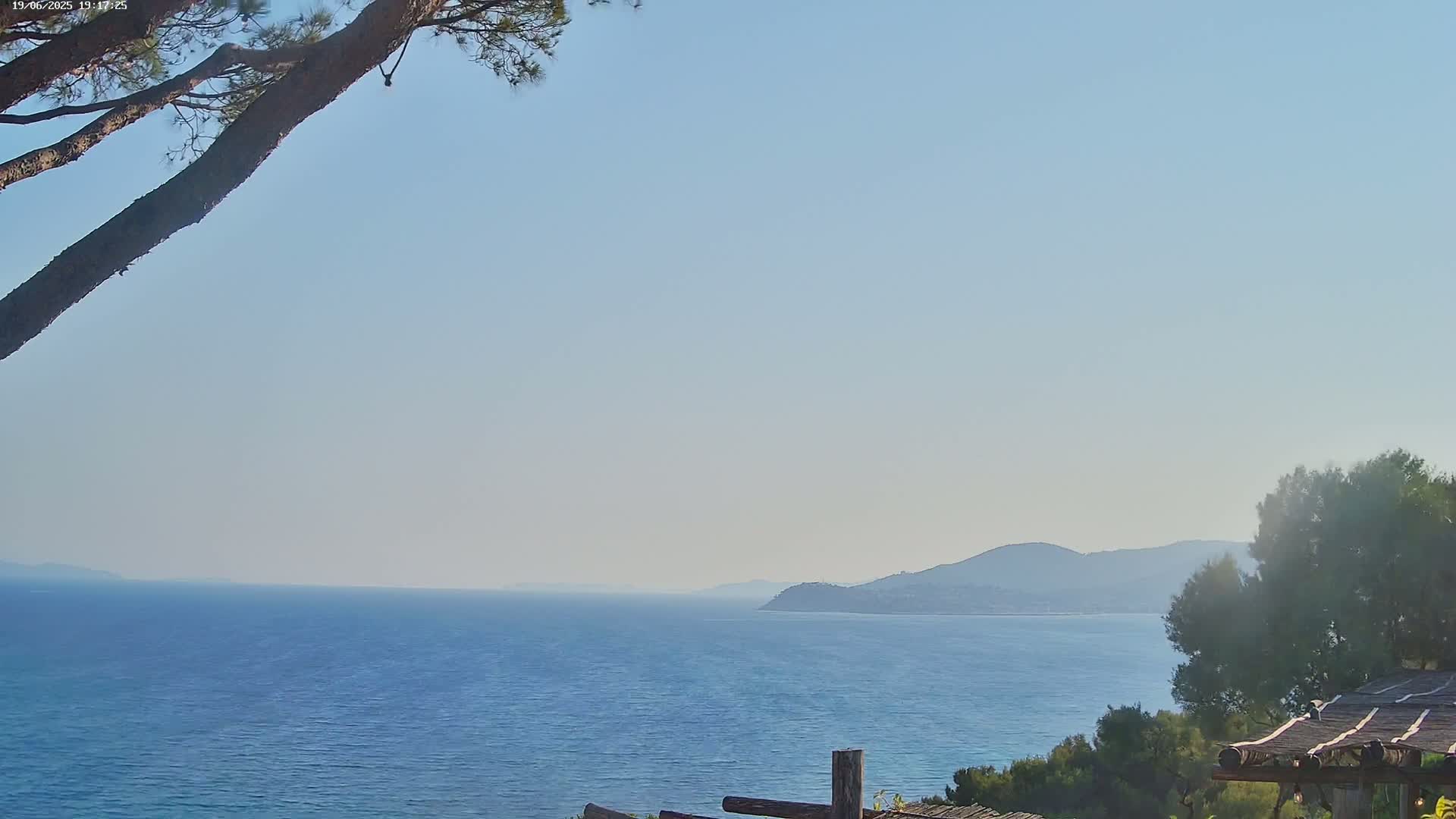 A calm, blue sea stretches to a distant mountain range under a clear, light-blue sky, partially obscured by pine tree branches in the foreground.