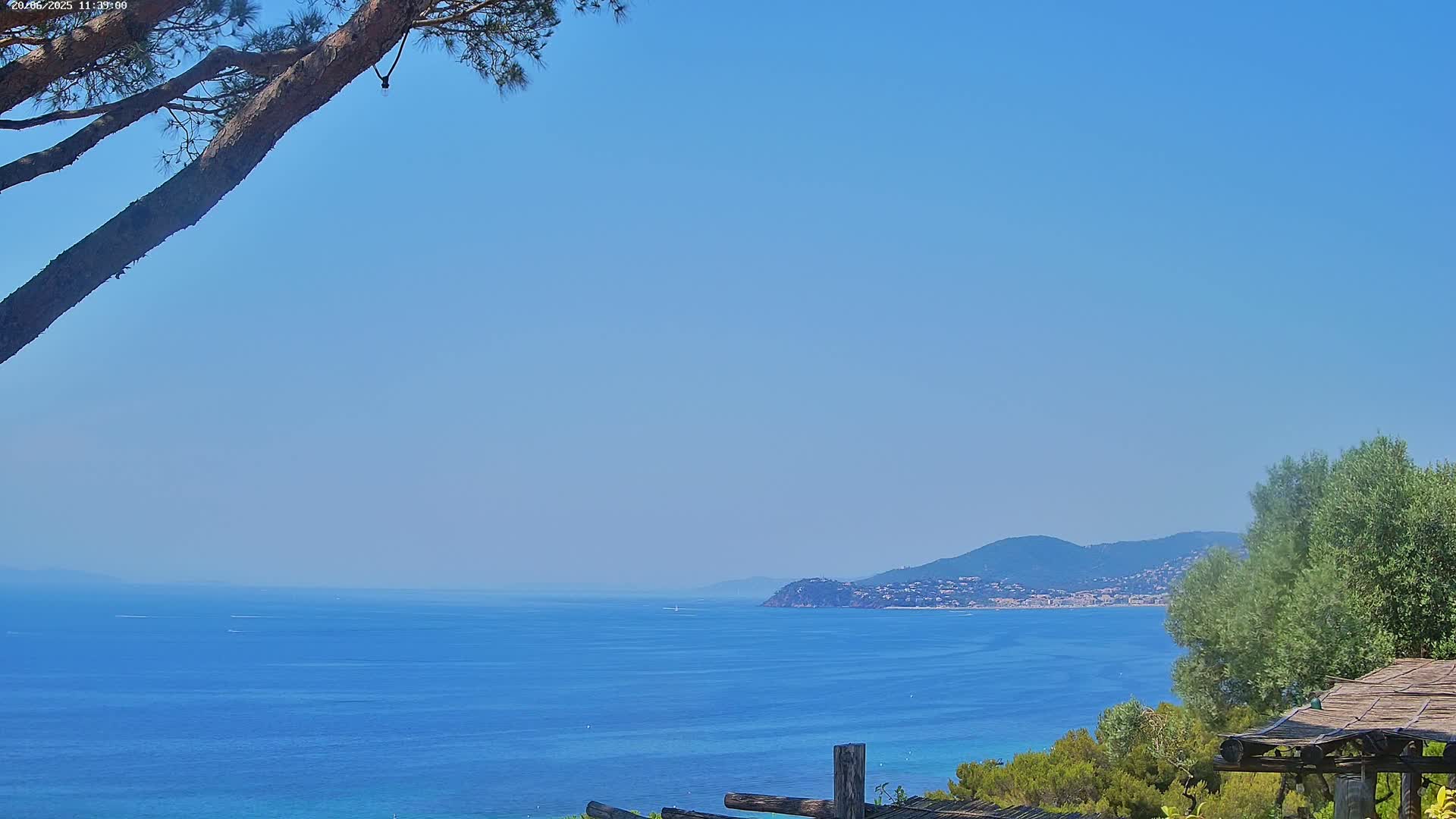 A tranquil ocean scene on a clear, sunny day shows a calm blue sea extending to a distant coastline with low mountains under a pale blue sky, partially framed by tree branches and vegetation.