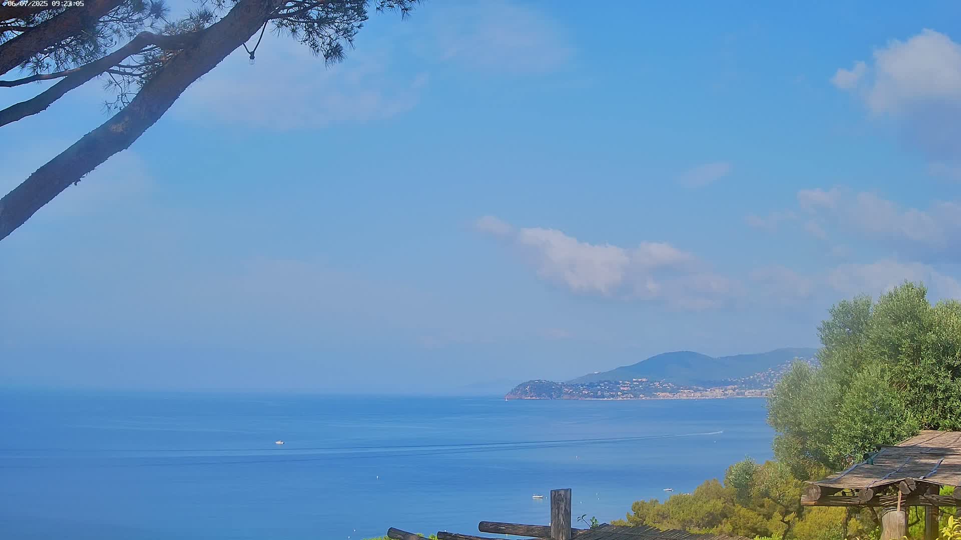 A tranquil ocean view on a partly cloudy day, featuring a distant mountain range and a partially visible tree branch in the foreground.