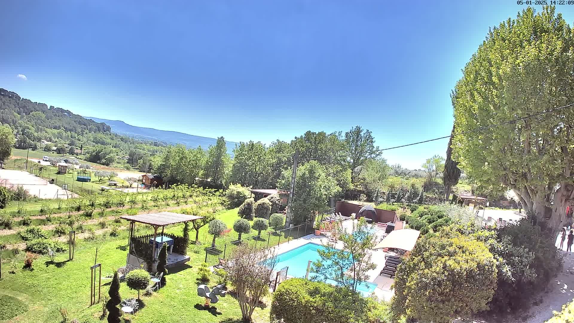 A swimming pool sits in a lush green yard, surrounded by trees and a mountain view under a clear blue sky.