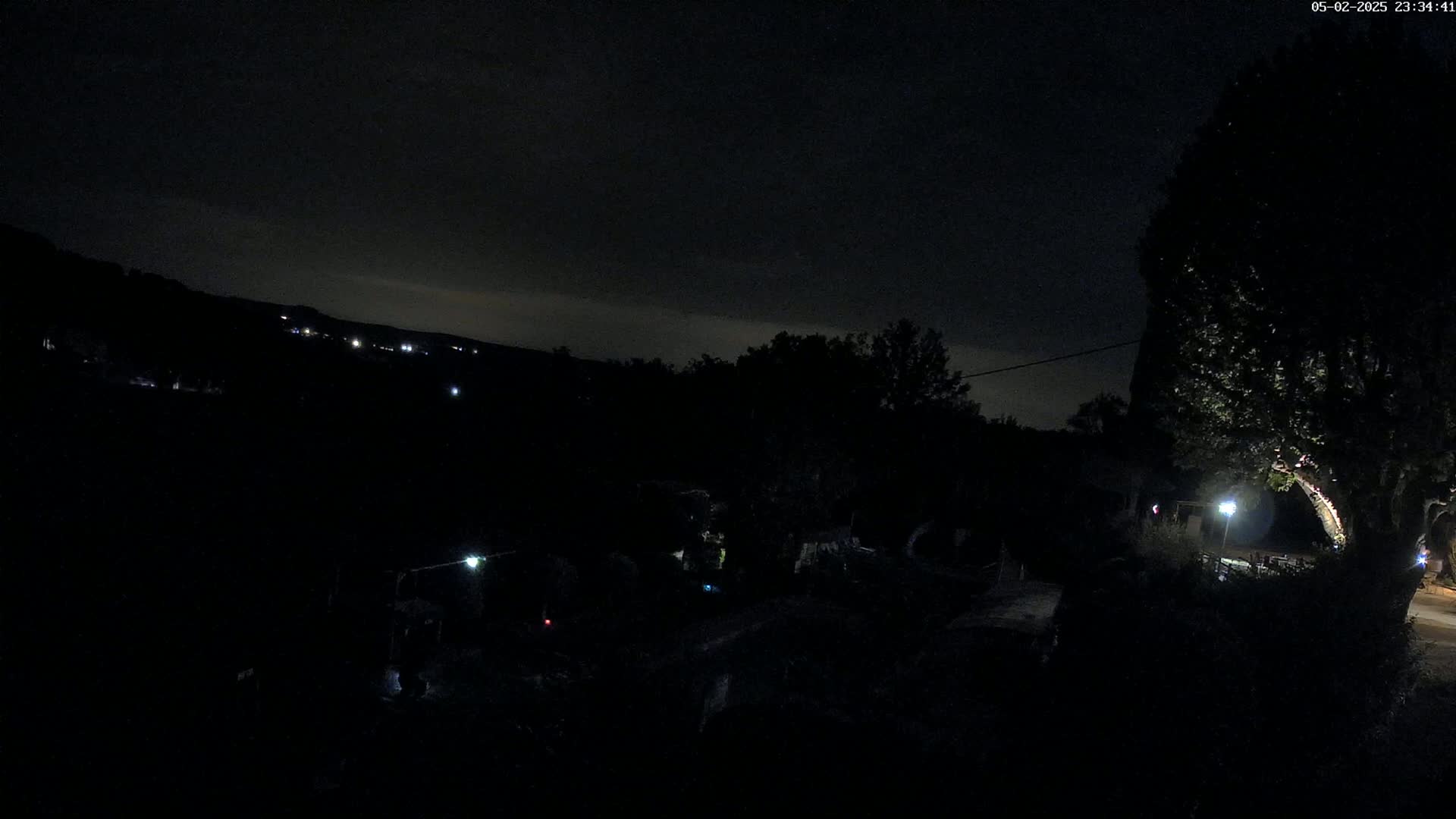A nighttime, dark outdoor scene shows a sparsely lit area with trees and distant lights under a mostly cloudy sky.
