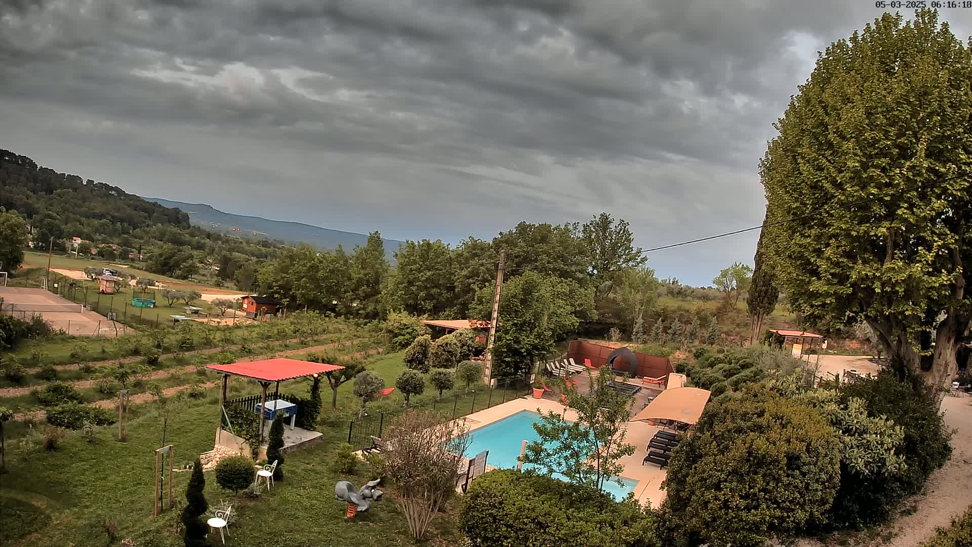 An aerial view shows a swimming pool and surrounding grounds on a partly cloudy day, with distant mountains visible in the background.