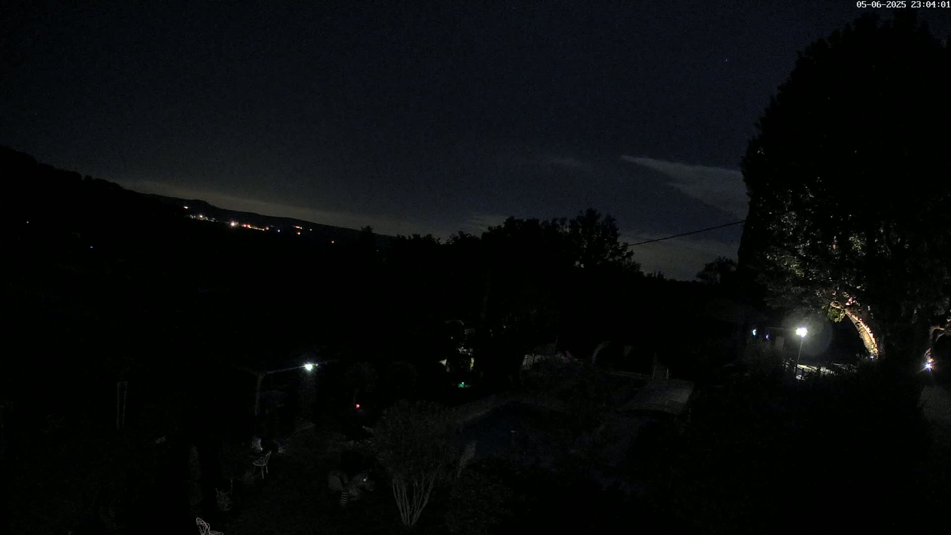 A dark nighttime scene shows a backyard with sparsely lit trees and shrubs, overlooking a distant, dimly lit town under a mostly clear sky.