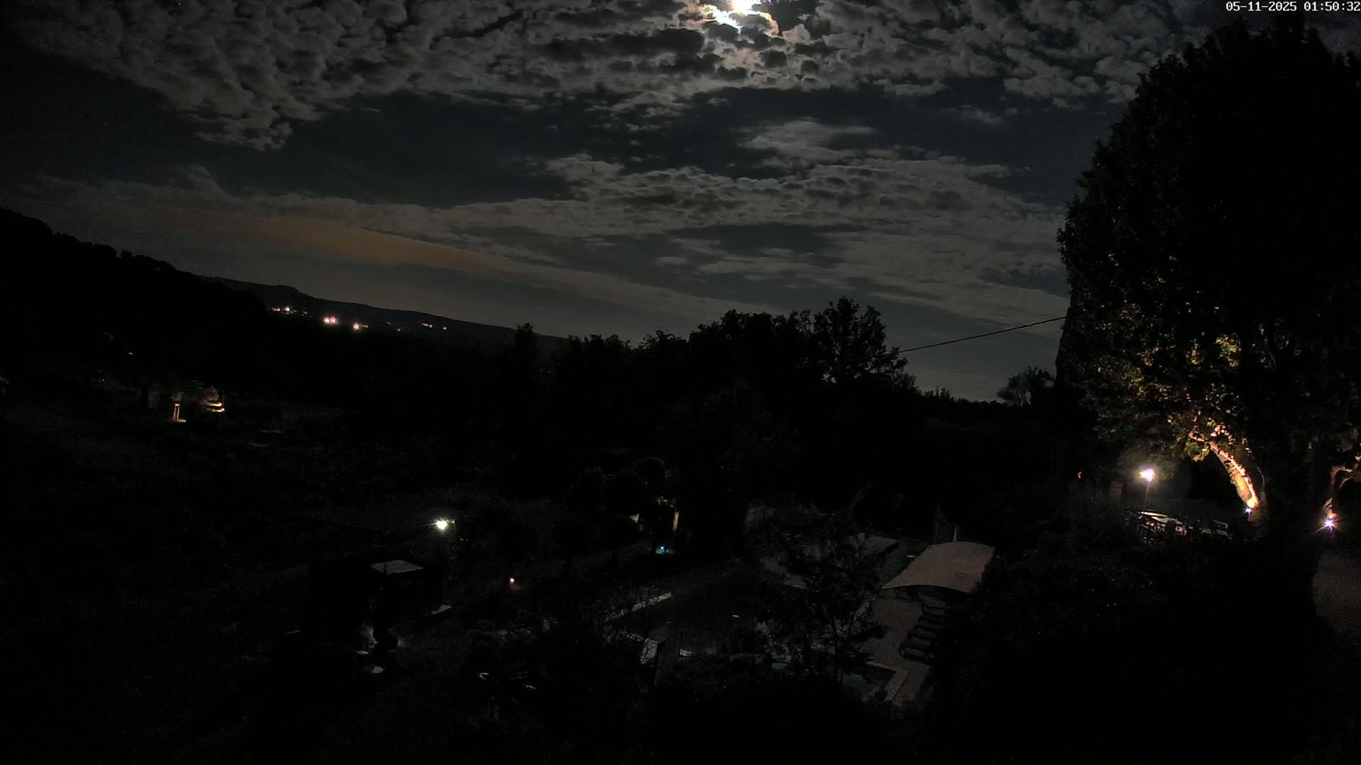 A nighttime scene shows a moonlit sky with clouds over a dark, tree-filled landscape with a few scattered lights.