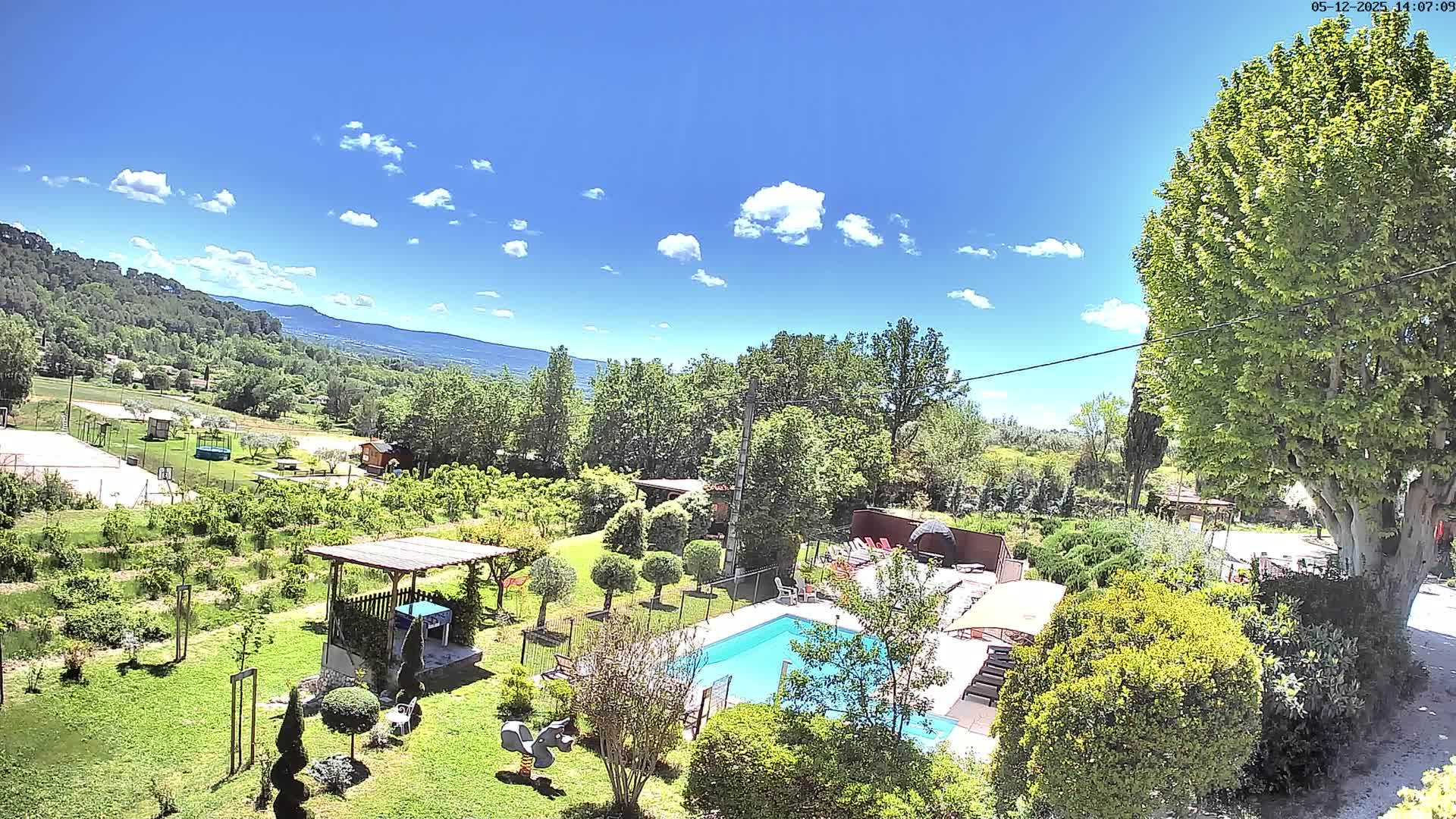 An aerial view shows a swimming pool and surrounding lush greenery, including neatly trimmed hedges and trees, under a mostly sunny sky with a few fluffy clouds and distant mountains.