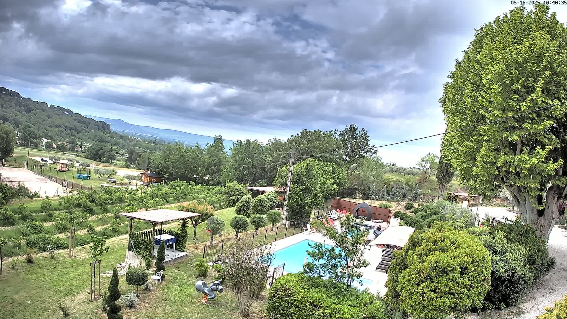 An aerial view of a swimming pool and landscaped yard on a partly cloudy day, overlooking a verdant hillside.