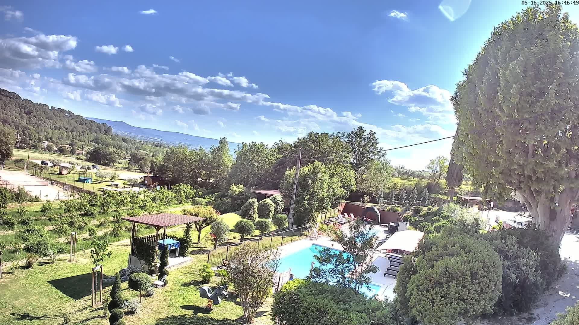 An aerial view shows a swimming pool and surrounding garden area on a partly sunny day, with a distant mountain range visible under a mostly blue sky.