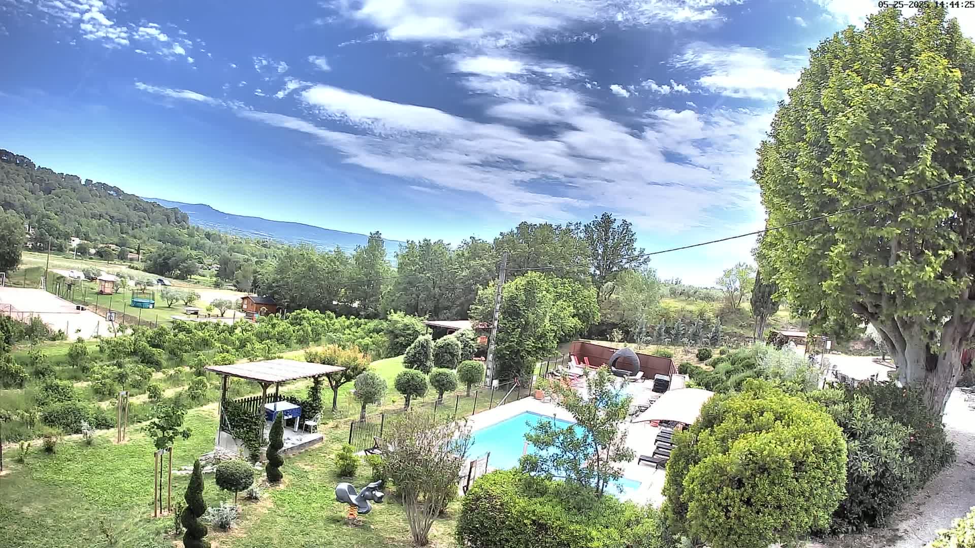 A swimming pool sits in a lush green garden, overlooked by a large tree, with a partly cloudy sky and distant mountains visible in the background.