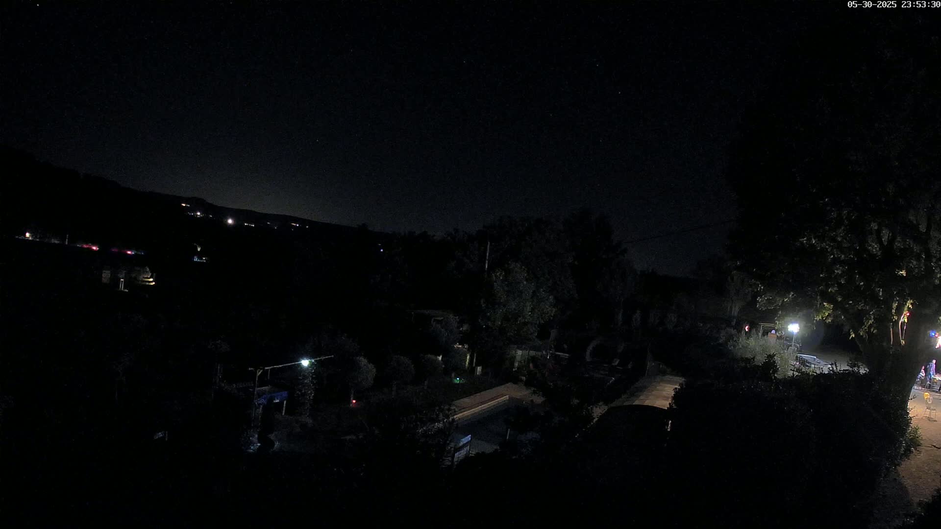 A nighttime, outdoor view of a residential area with trees, a few lights, and a dark sky dotted with stars.