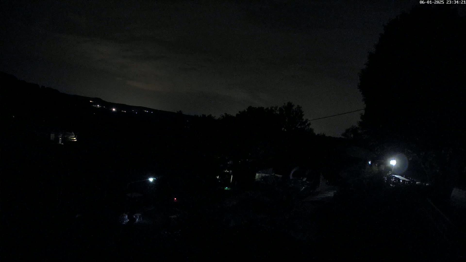 A nighttime view of a dark landscape with a few distant lights, silhouetted trees, and a bright light source closer to the camera under a cloudy sky.