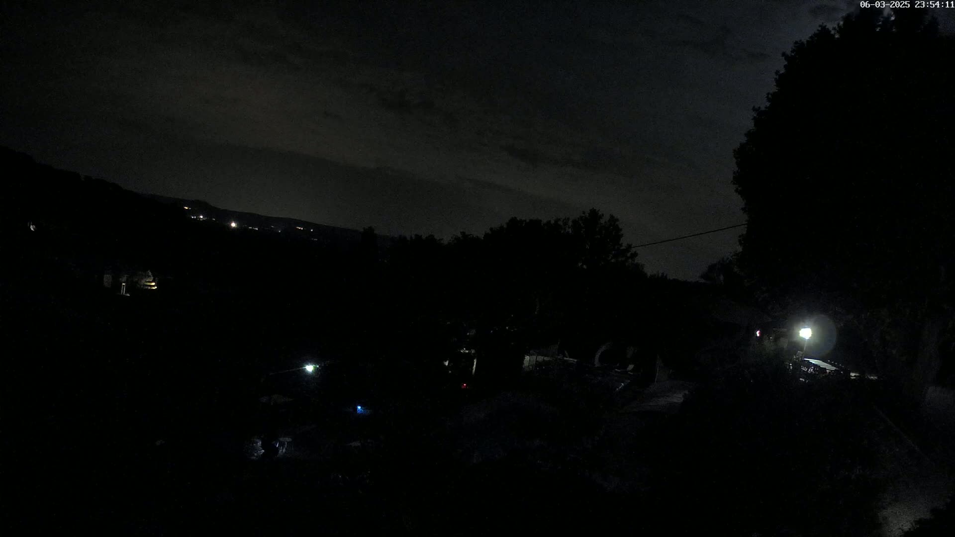 A nighttime view of a dark landscape with trees, faint lights in the distance, and a single brighter light closer to the foreground under a mostly cloudy sky.