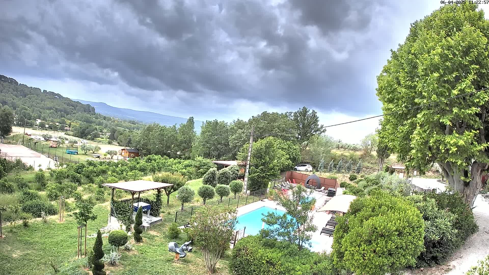 An aerial view shows a swimming pool and surrounding landscaped yard with a gazebo and playground equipment under a cloudy sky.