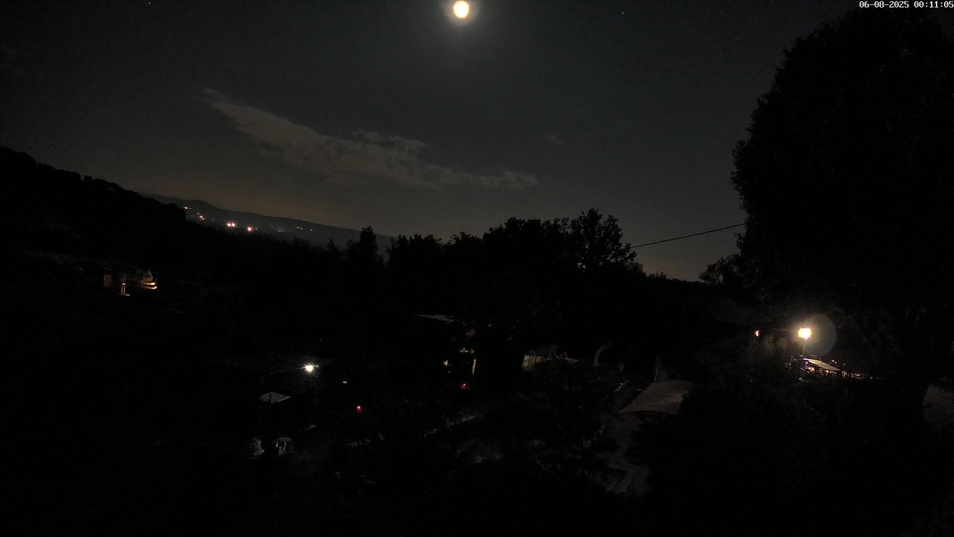 A bright moon illuminates a dark, nighttime landscape of trees and buildings, with a few distant lights visible in the background under a partly cloudy sky.