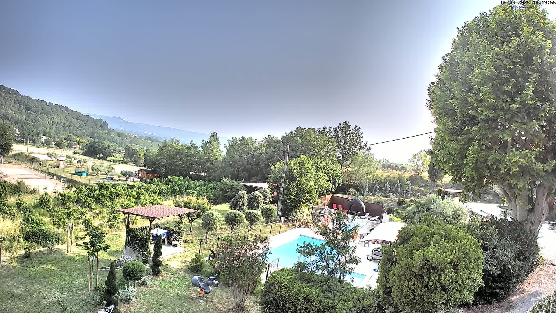 An aerial view of a swimming pool and surrounding garden in a rural setting under a clear sky.