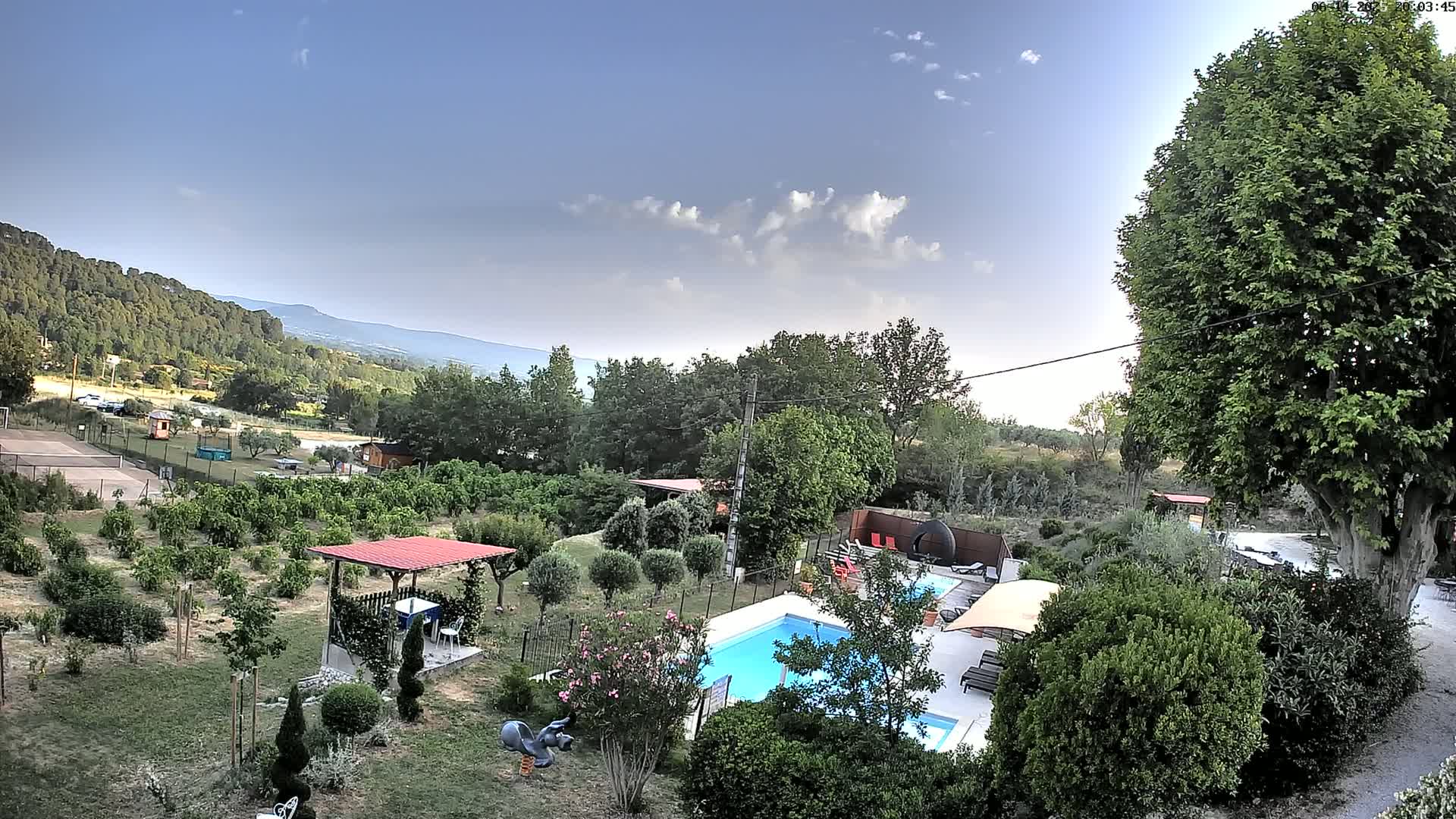 An aerial view of a backyard with a swimming pool, a gazebo, and lush greenery under a partly cloudy sky.