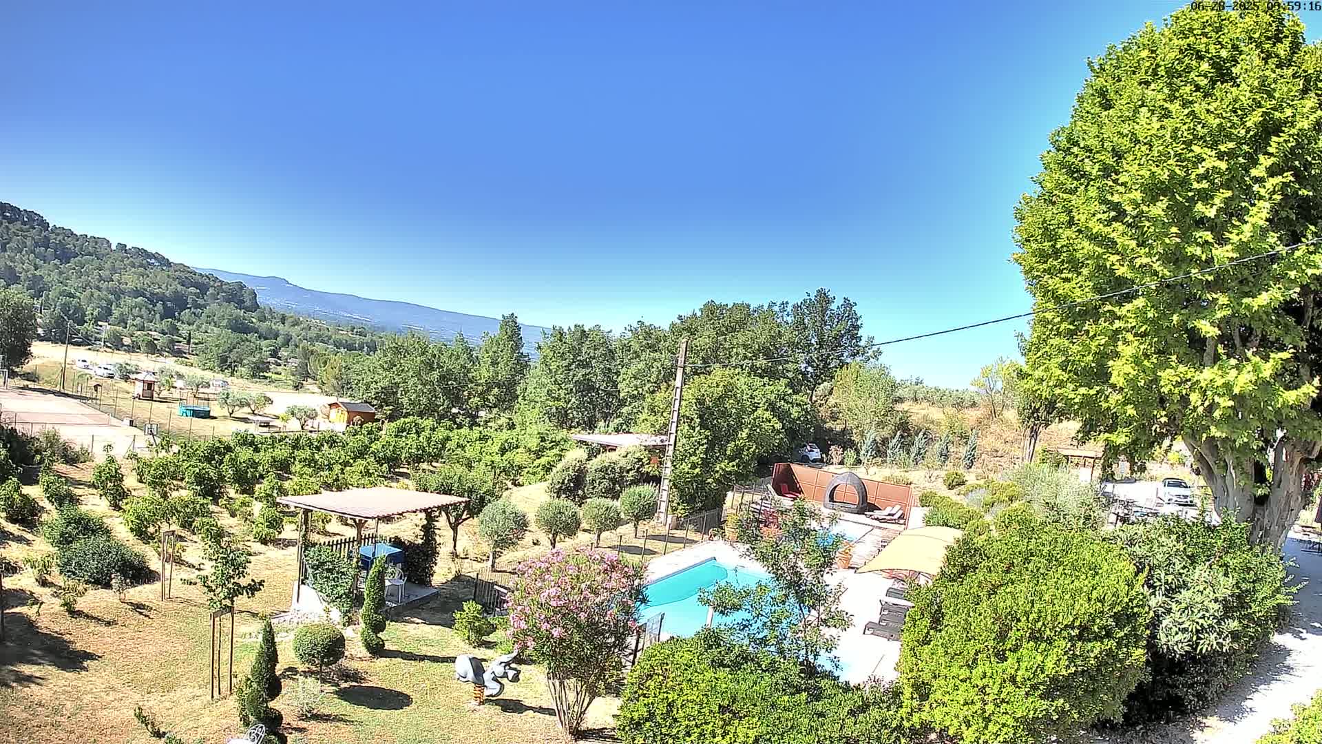 An aerial view of a backyard with a swimming pool, surrounded by lush greenery, trees, and a pergola under a clear blue sky.