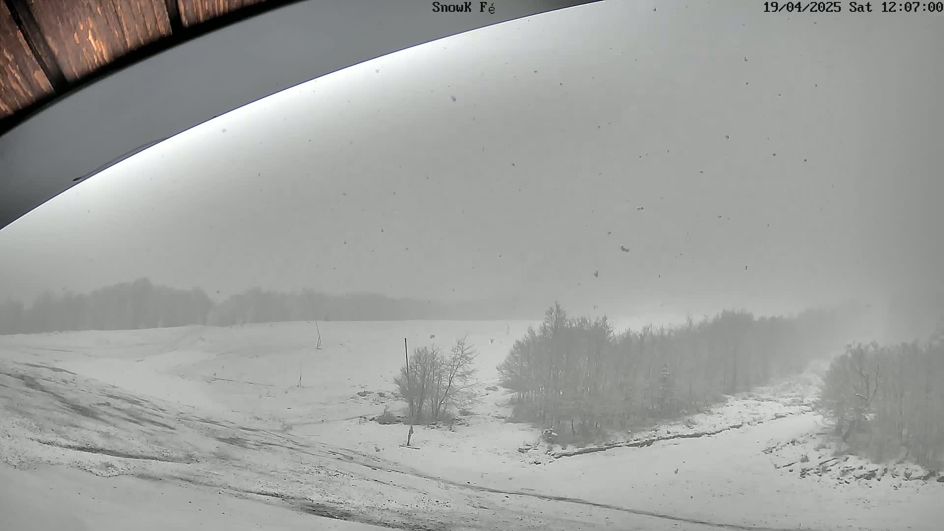 A snowy, overcast landscape is visible through a curved window, showing a snow-covered field with sparse trees and some rocky areas in the distance.