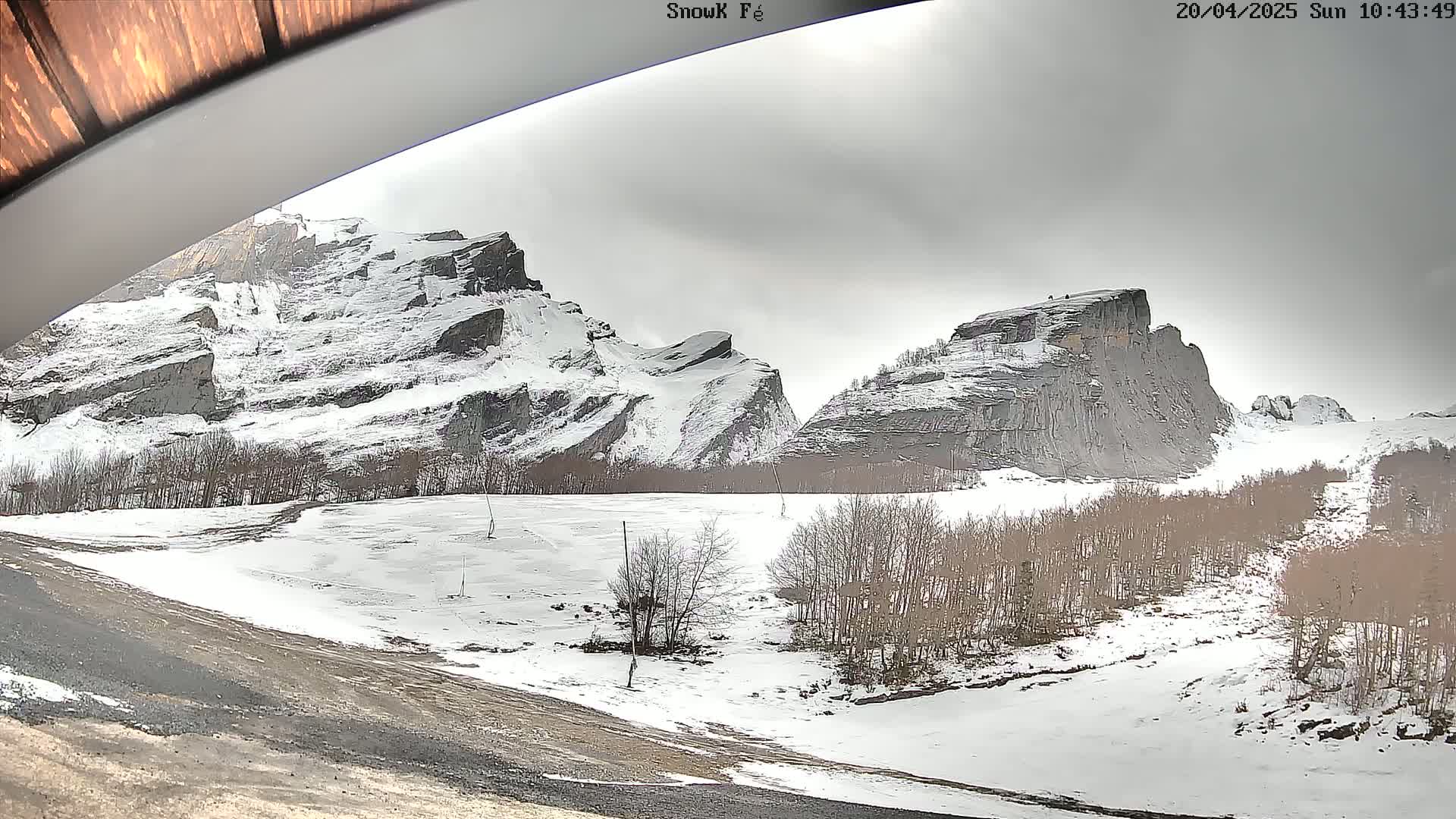 A snow-covered landscape reveals rocky mountains under an overcast sky.
