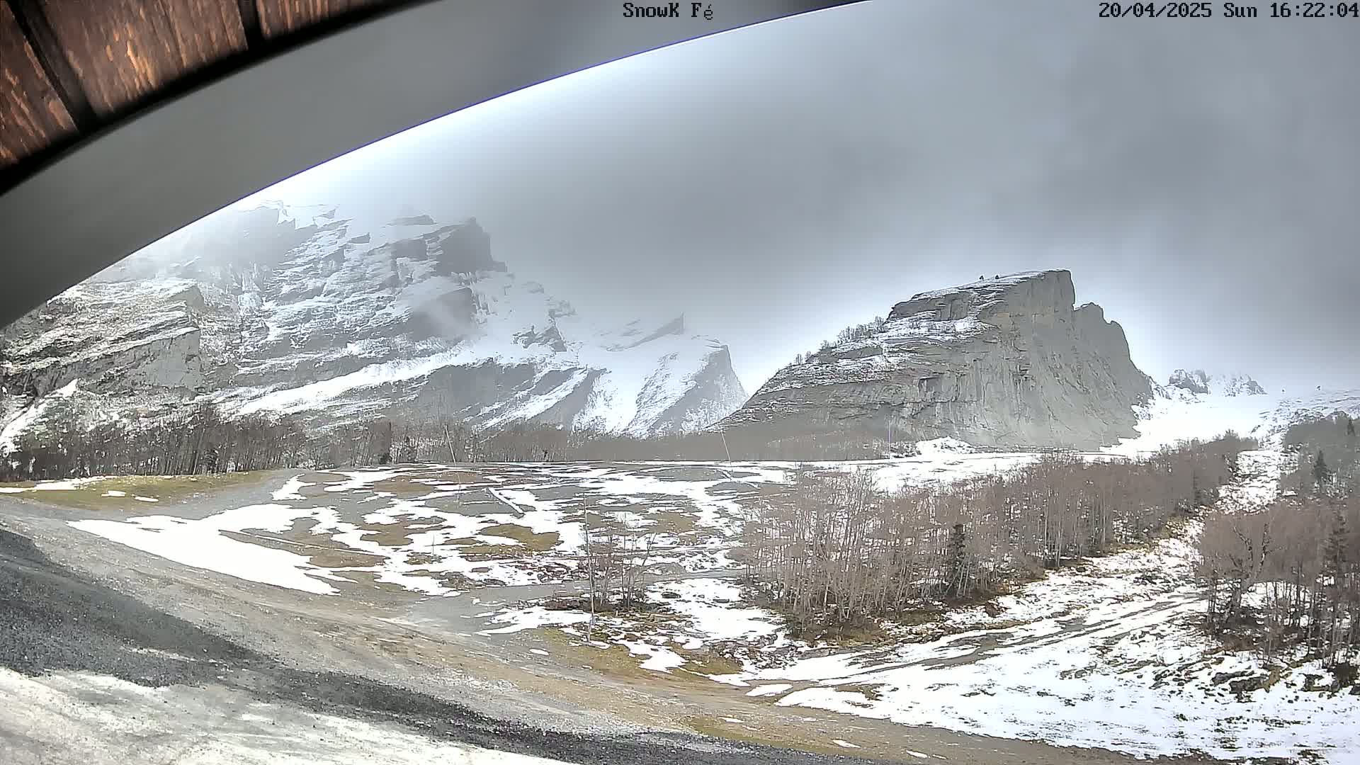 A snowy, overcast landscape features a valley with barren trees and snow-dusted mountains in the background.