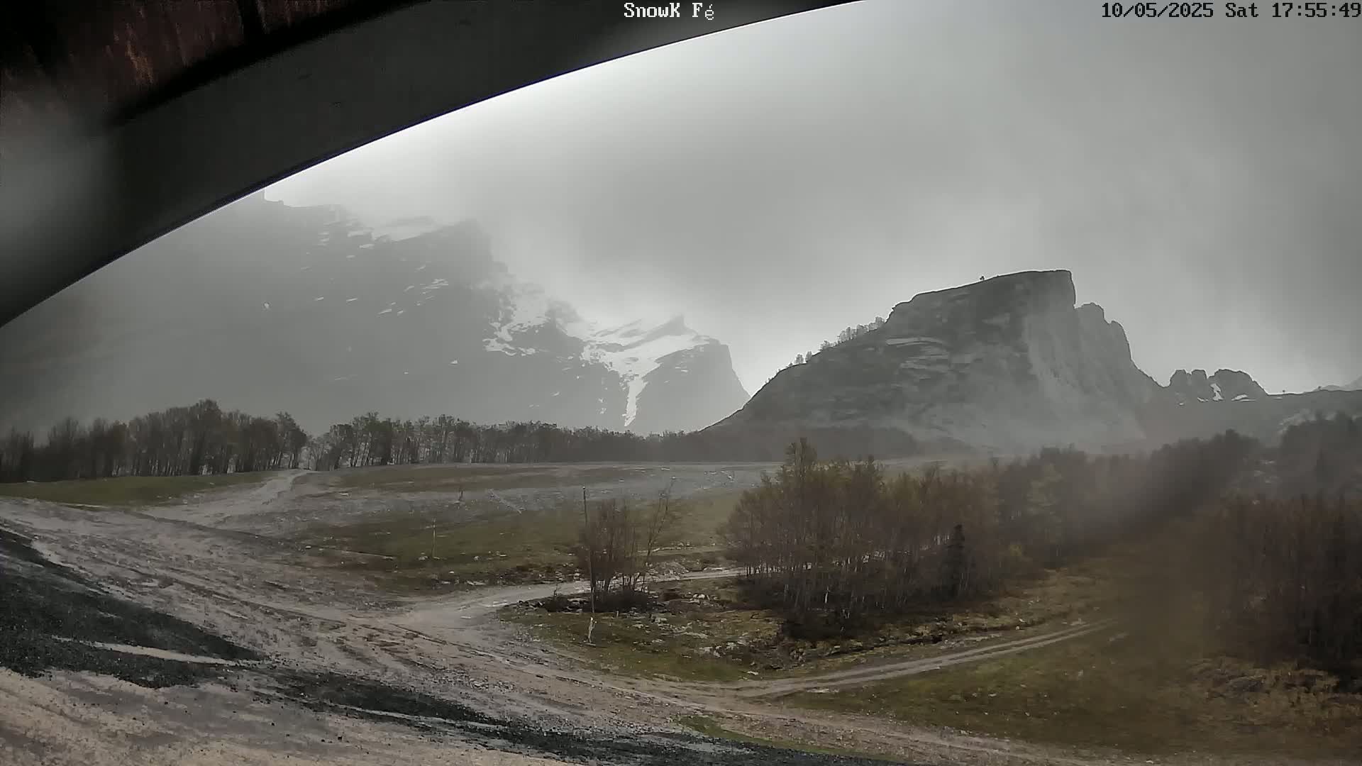 A misty, overcast view shows a dirt road leading to a stand of trees and rocky mountains in the distance.