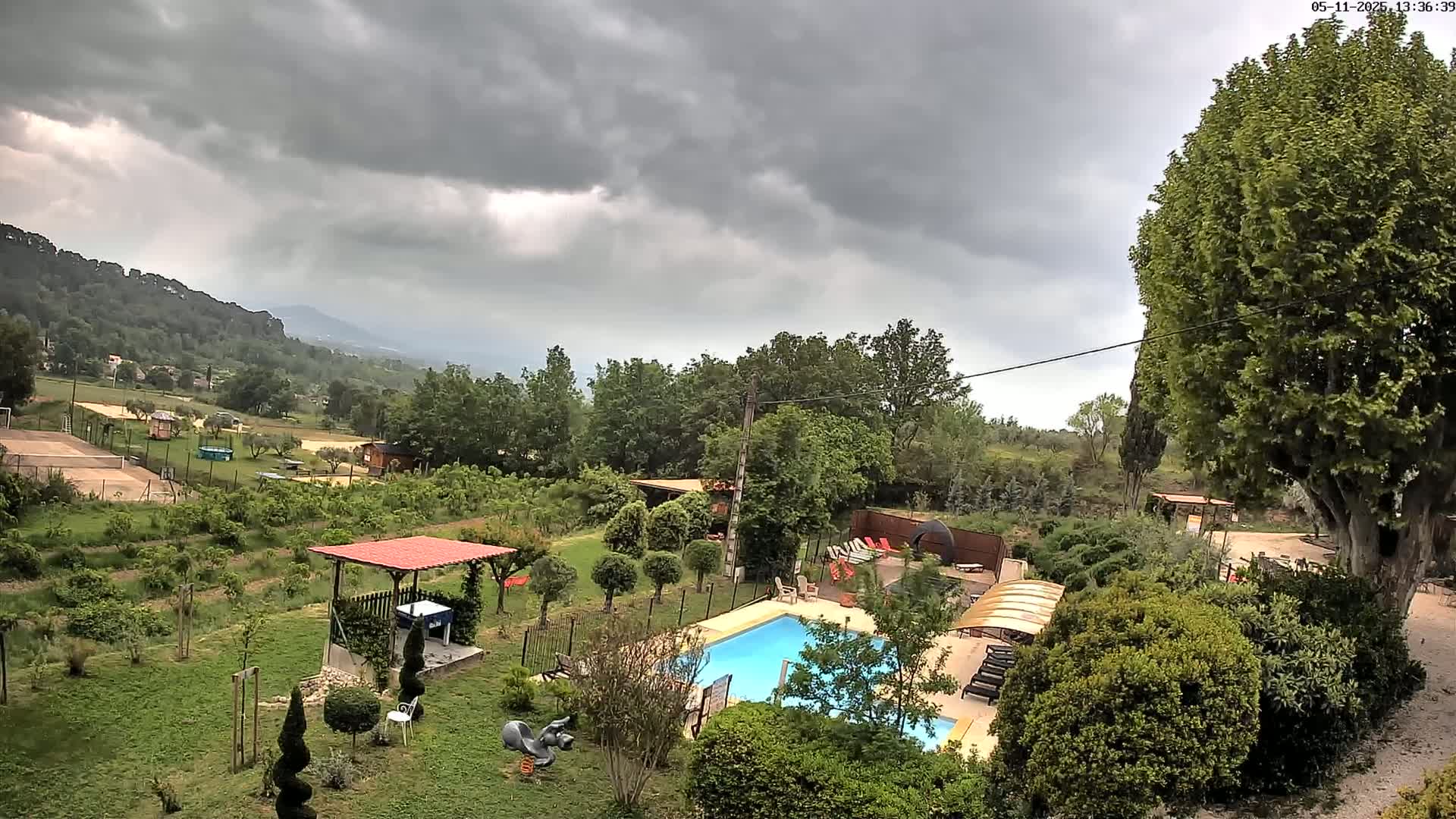 An aerial view shows a swimming pool and surrounding yard with lush greenery under a cloudy sky.