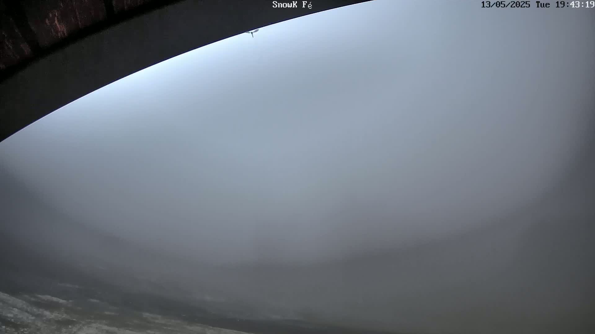 A thick fog obscures the view from a vantage point under an arched structure.