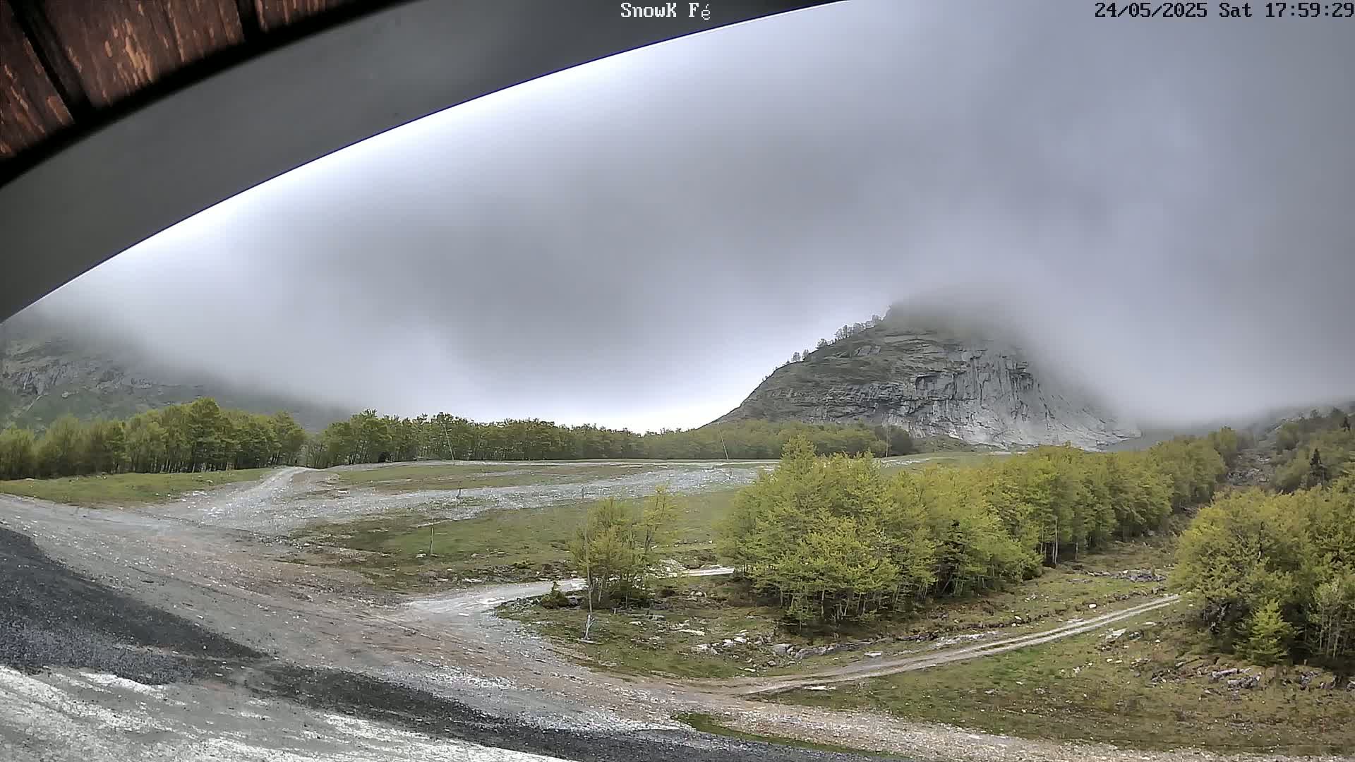 A foggy, overcast day reveals a mountainous landscape with a rocky cliff partially obscured by fog, a flat, grassy area with dirt roads, and a stand of light green trees.