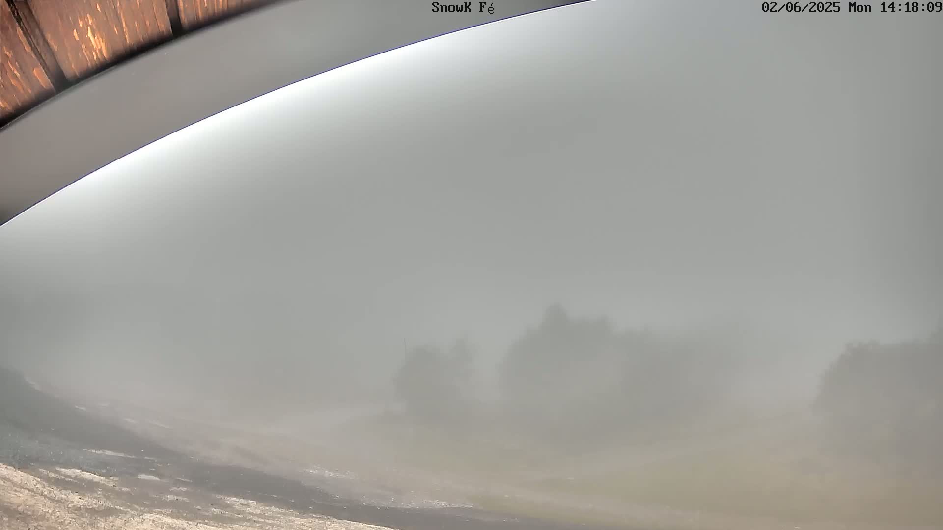 A thick fog obscures the view of a flat, open area with some indistinct trees in the distance, seen from under a dark, wooden overhang.